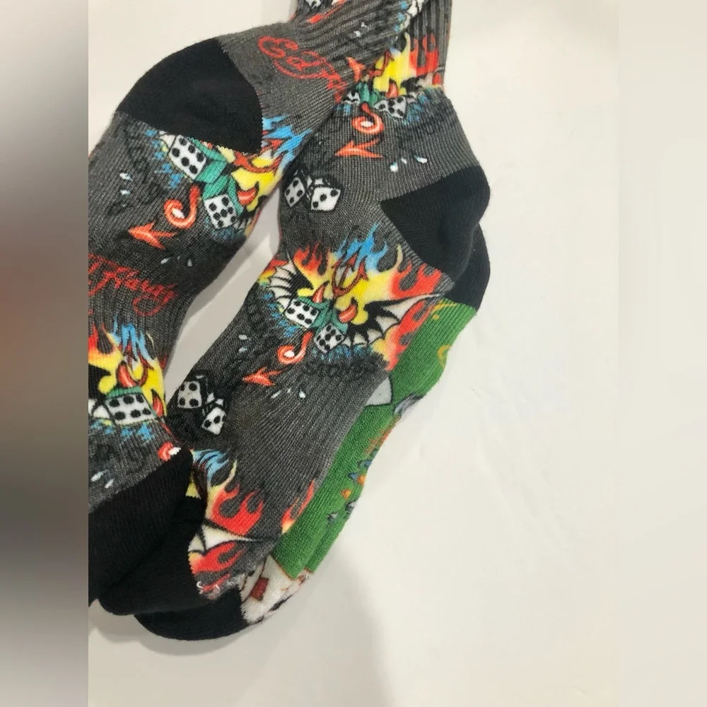 Ed Hardy green‎ and gray multi iconic Ed Hardy printed l crew socks - 2pairs new